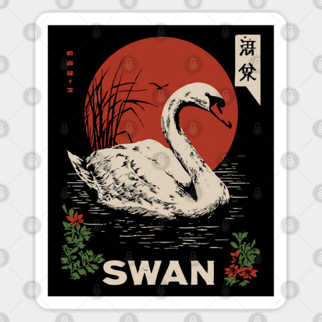 Swan Lake Woodblock - Japanese Wabi Sabi Water Bird Art Sticker by TuncGK