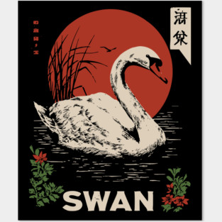 Swan Lake Woodblock - Japanese Wabi Sabi Water Bird Art Posters and Art