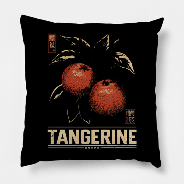 Tangerine Citrus Branch - Dark Academia Botanical Screenprint Pillow by TuncGK