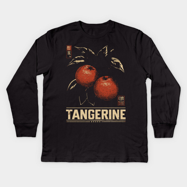 Tangerine Citrus Branch - Dark Academia Botanical Screenprint Kids Long Sleeve T-Shirt by TuncGK