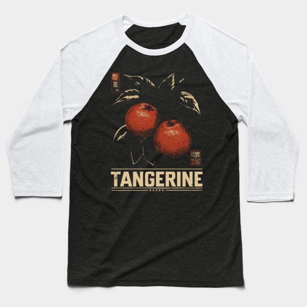Tangerine Citrus Branch - Dark Academia Botanical Screenprint Baseball T-Shirt by TuncGK