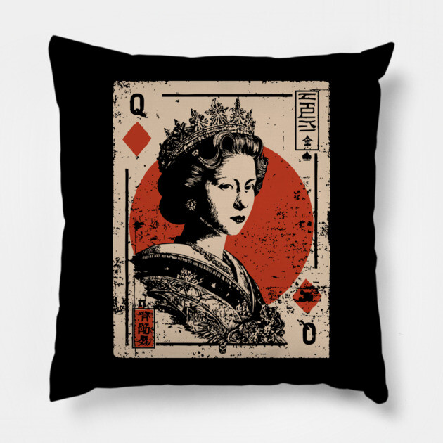 Queen of Diamonds Playing Card - Neo Noir Casino Royalty Art Pillow by TuncGK