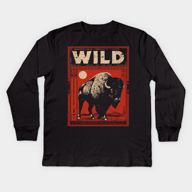 Wild Bison Buffalo - American West Constructivist Propaganda Kids Long Sleeve T-Shirt by TuncGK