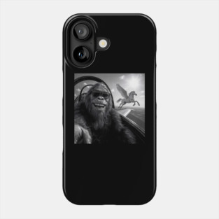 Bigfoot taking selfie with flying horse Phone Case