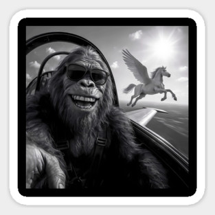 Bigfoot taking selfie with flying horse Sticker