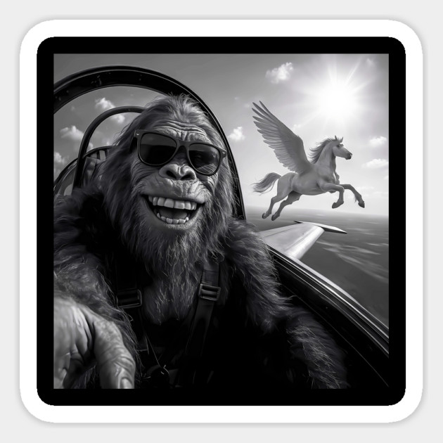 Bigfoot taking selfie with flying horse Sticker by SKIBITEES 