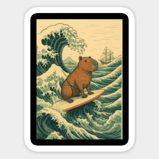 Capybara surfing kanagawa wave Sticker