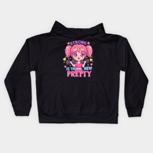 Cute Anime Chibi Girl "Strong Is The New Pretty" Gift Idea for Workout and Anime Lovers, Shirt, Tee Kids Hoodie