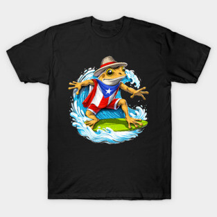 Puerto Rico Coqui Frog Surfing T-Shirt
