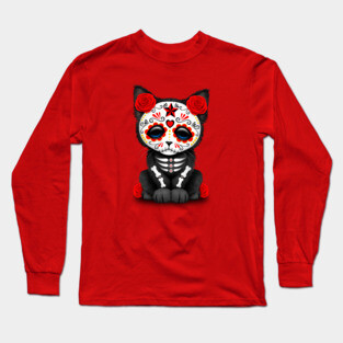 Cute Red Day of the Dead Kitten Cat Long Sleeve T-Shirt