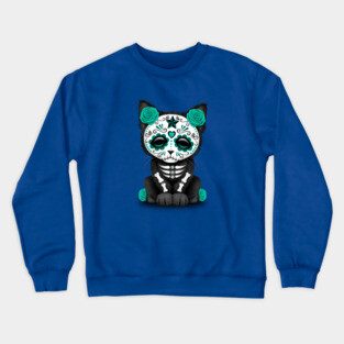 Cute Teal Blue Day of the Dead Kitten Cat Crewneck Sweatshirt