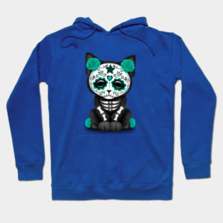 Cute Teal Blue Day of the Dead Kitten Cat Hoodie