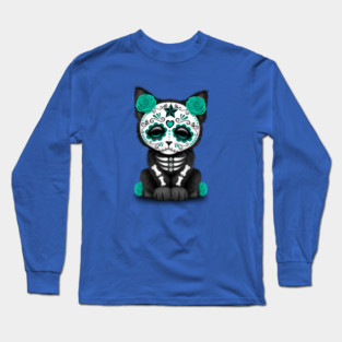 Cute Teal Blue Day of the Dead Kitten Cat Long Sleeve T-Shirt