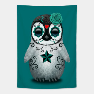 Teal Blue Day of the Dead Sugar Skull Penguin Tapestry