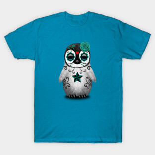 Teal Blue Day of the Dead Sugar Skull Penguin T-Shirt