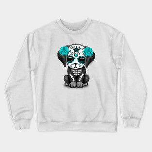 Cute Teal Blue Day of the Dead Puppy Dog Crewneck Sweatshirt