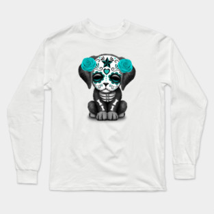 Cute Teal Blue Day of the Dead Puppy Dog Long Sleeve T-Shirt