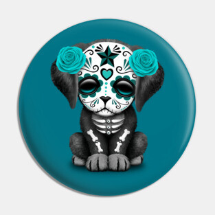 Cute Teal Blue Day of the Dead Puppy Dog Pin