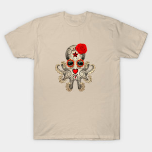 Red Day of the Dead Sugar Skull Baby Octopus T-Shirt