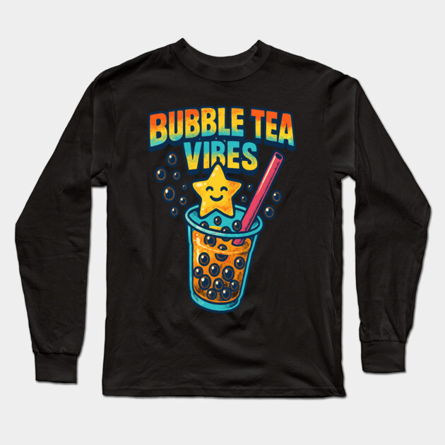 Bubble Tea Vibes Cute Cartoon Drink Art Long Sleeve T-Shirt by belownormal