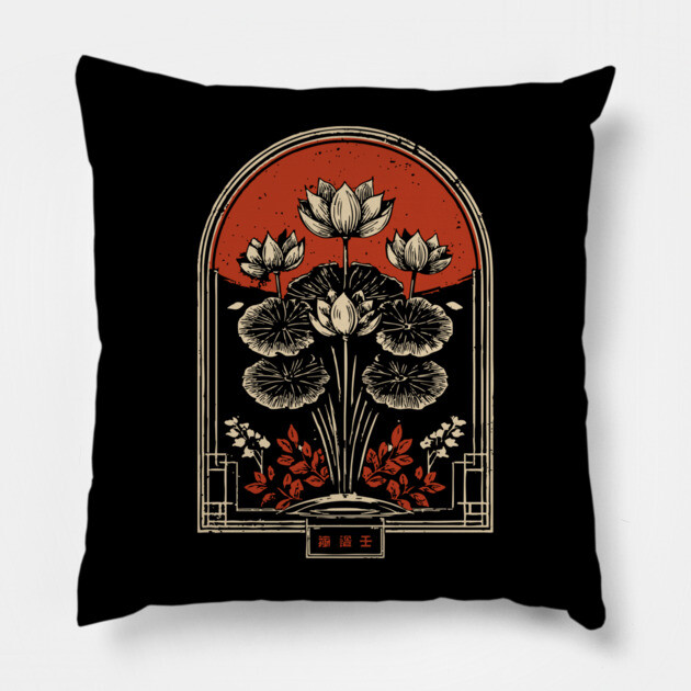 Dark Botanical Japanese Art Nouveau Gothic Plant Design Pillow by TuncGK