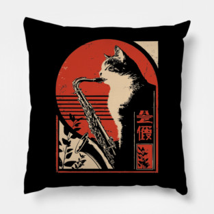Jazz Cat Saxophone Japanese Music Feline Vintage Poster Art Pillow