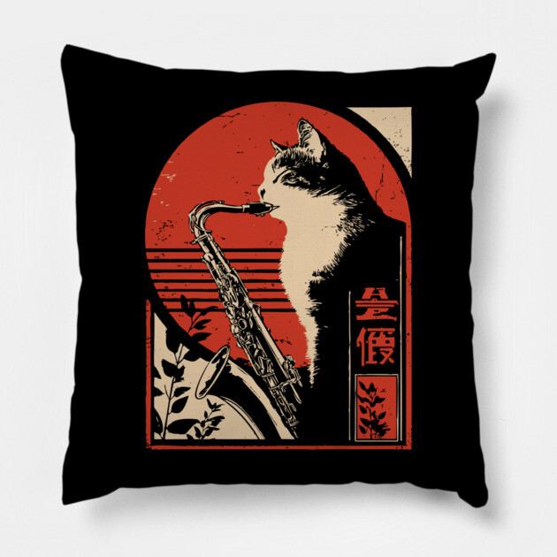 Jazz Cat Saxophone Japanese Music Feline Vintage Poster Art Pillow by TuncGK