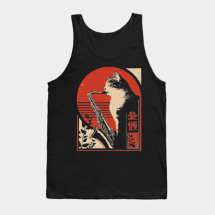 Jazz Cat Saxophone Japanese Music Feline Vintage Poster Art Tank Top