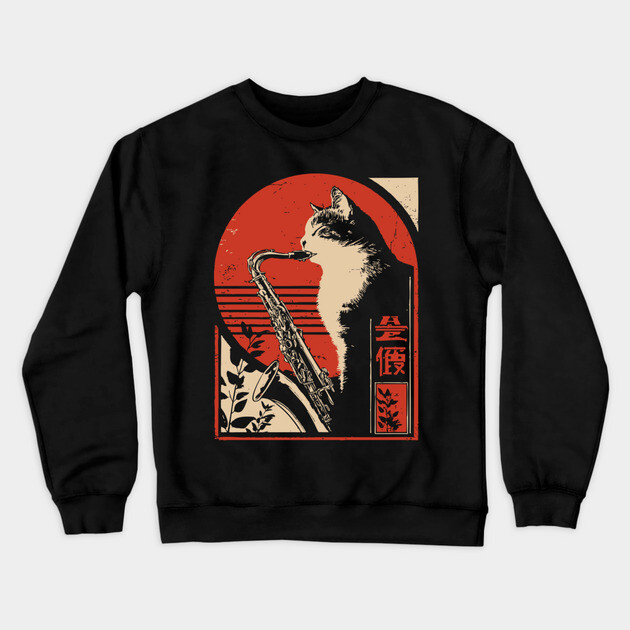 Jazz Cat Saxophone Japanese Music Feline Vintage Poster Art Crewneck Sweatshirt by TuncGK