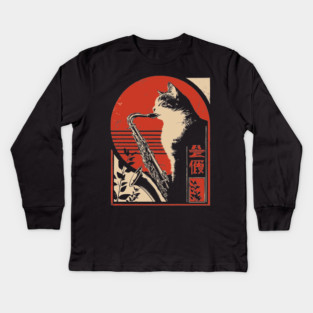 Jazz Cat Saxophone Japanese Music Feline Vintage Poster Art Kids Long Sleeve T-Shirt