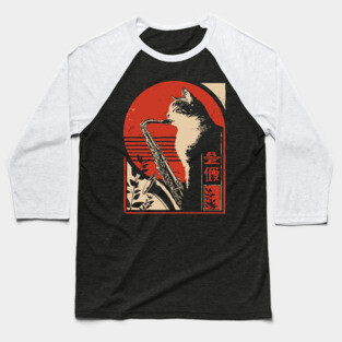 Jazz Cat Saxophone Japanese Music Feline Vintage Poster Art Baseball T-Shirt
