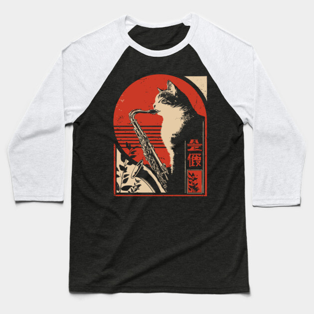 Jazz Cat Saxophone Japanese Music Feline Vintage Poster Art Baseball T-Shirt by TuncGK