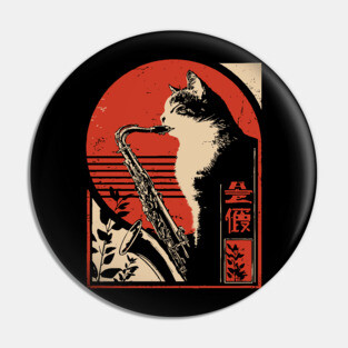 Jazz Cat Saxophone Japanese Music Feline Vintage Poster Art Pin