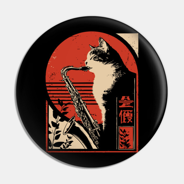 Jazz Cat Saxophone Japanese Music Feline Vintage Poster Art Pin by TuncGK