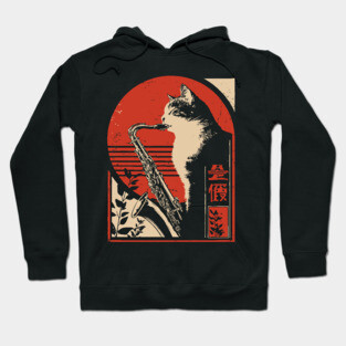Jazz Cat Saxophone Japanese Music Feline Vintage Poster Art Hoodie