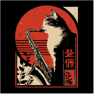 Jazz Cat Saxophone Japanese Music Feline Vintage Poster Art Posters and Art