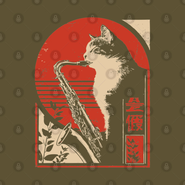 Jazz Cat Saxophone Japanese Music Feline Vintage Poster Art by TuncGK