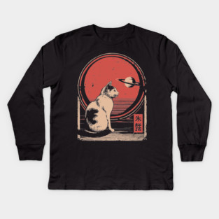 Space Cat Saturn Japanese Astronomy Feline Vintage Poster Kids Long Sleeve T-Shirt