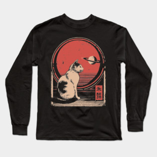Space Cat Saturn Japanese Astronomy Feline Vintage Poster Long Sleeve T-Shirt