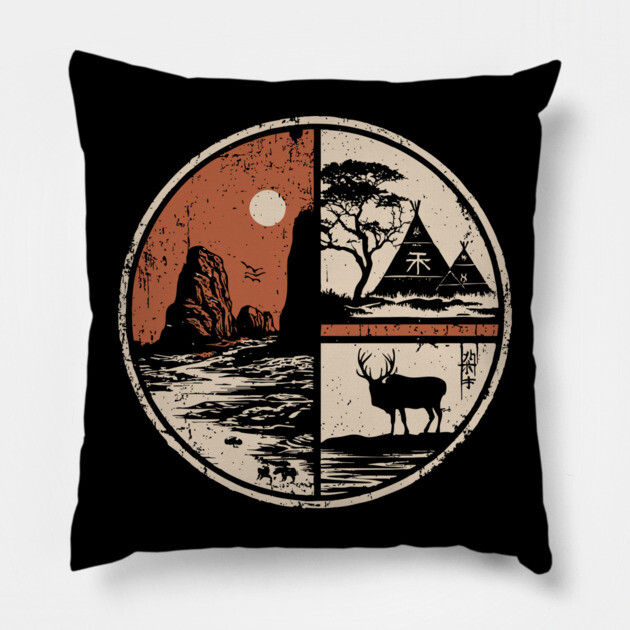 Prehistoric Cave Art Japanese Primitive Design Vintage Circle Pillow by TuncGK