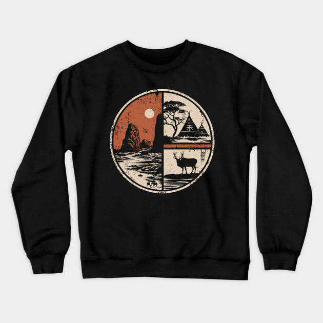 Prehistoric Cave Art Japanese Primitive Design Vintage Circle Crewneck Sweatshirt by TuncGK