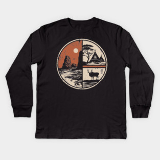 Prehistoric Cave Art Japanese Primitive Design Vintage Circle Kids Long Sleeve T-Shirt