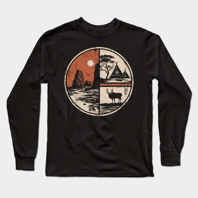 Prehistoric Cave Art Japanese Primitive Design Vintage Circle Long Sleeve T-Shirt by TuncGK