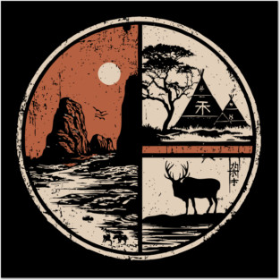 Prehistoric Cave Art Japanese Primitive Design Vintage Circle Posters and Art