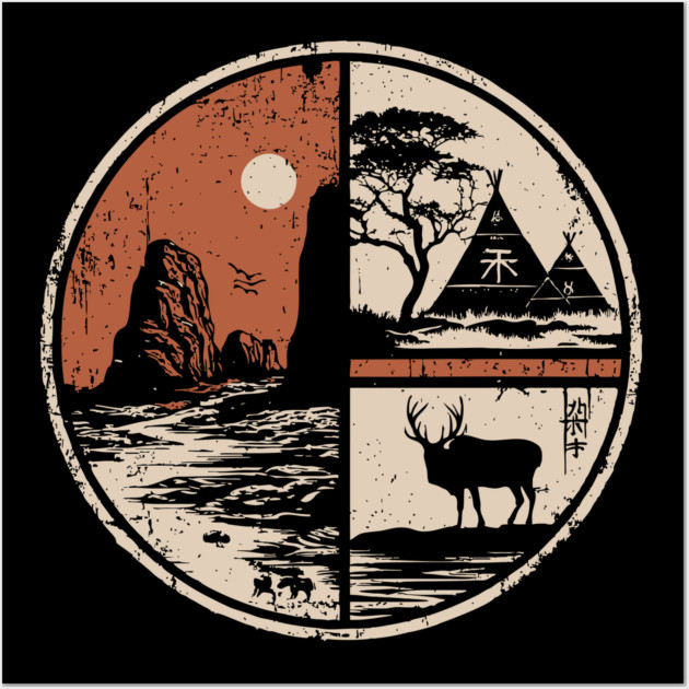 Prehistoric Cave Art Japanese Primitive Design Vintage Circle Wall Art by TuncGK