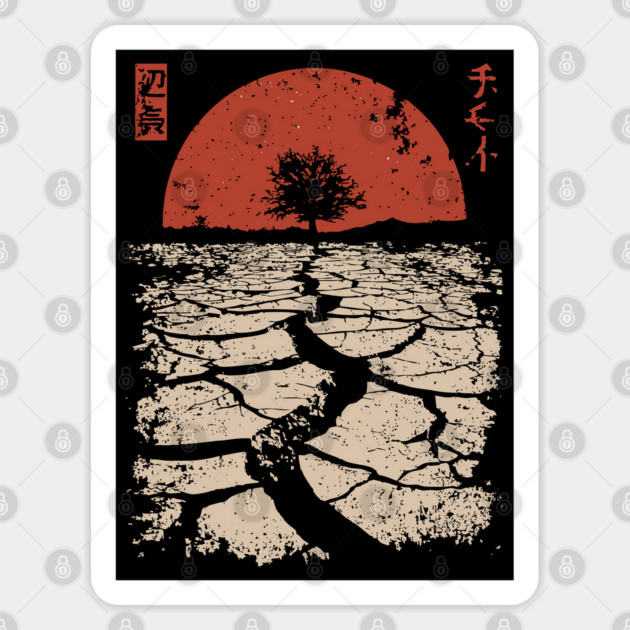 Drought Tree Japanese Environmental Crisis Vintage Poster Art Sticker by TuncGK