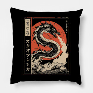 Japanese Fire Dragon Traditional Mythical Beast Vintage Art Pillow