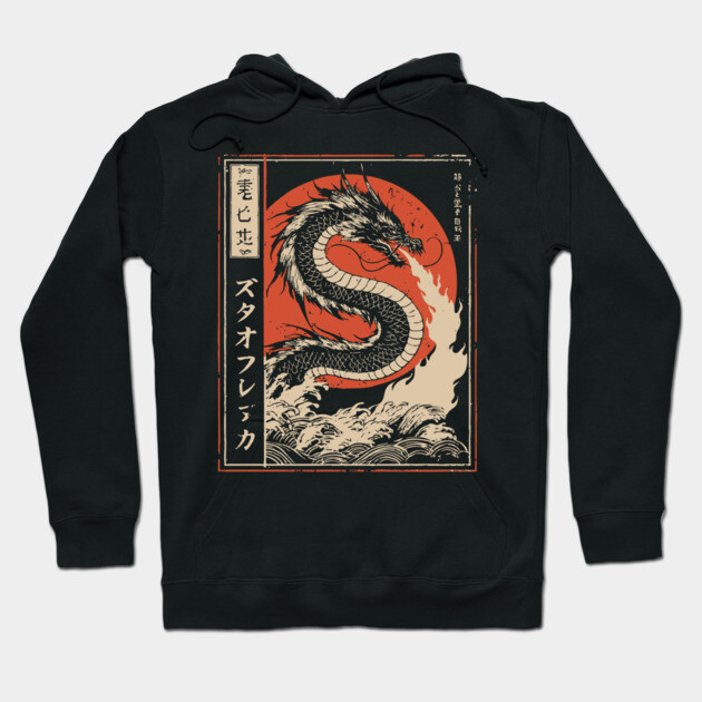 Japanese Fire Dragon Traditional Mythical Beast Vintage Art Hoodie by TuncGK
