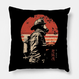 Samurai Firefighter Japanese Hero Vintage Propaganda Poster Pillow