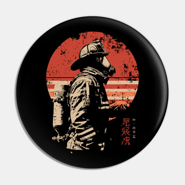 Samurai Firefighter Japanese Hero Vintage Propaganda Poster Pin by TuncGK